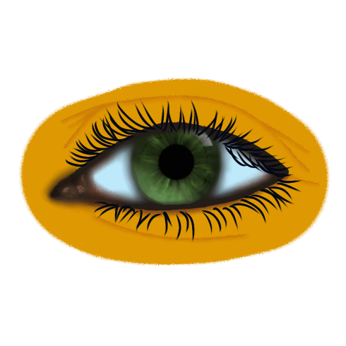 A drawing of a realistic eye on a dark yellow skin tone with natural eyelashes. The pupil is green.